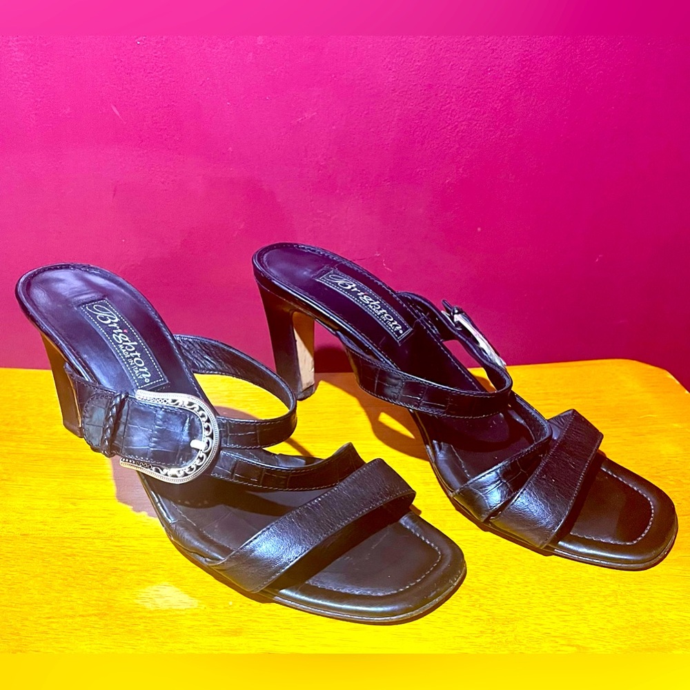 Brighton “Rusty” Leather Shoes Heeled Sandals Black Silver Tone Buckle Size 8